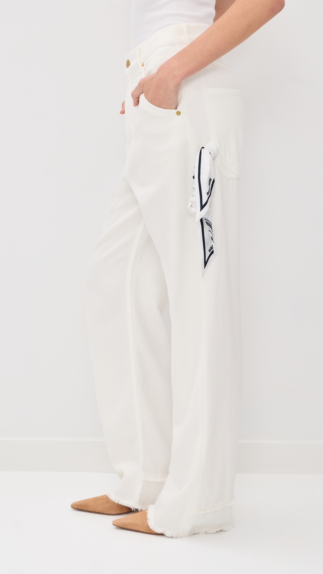 Lisa Scarf Adorned Loose Fit Carpenter Denim Jeans Washed White
