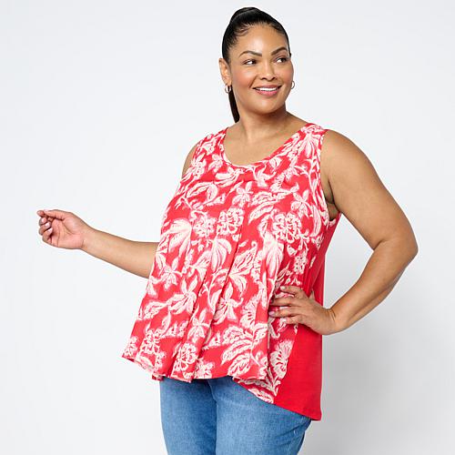 Mixed Media Pleated Front High-Low Tank - Ink Spots