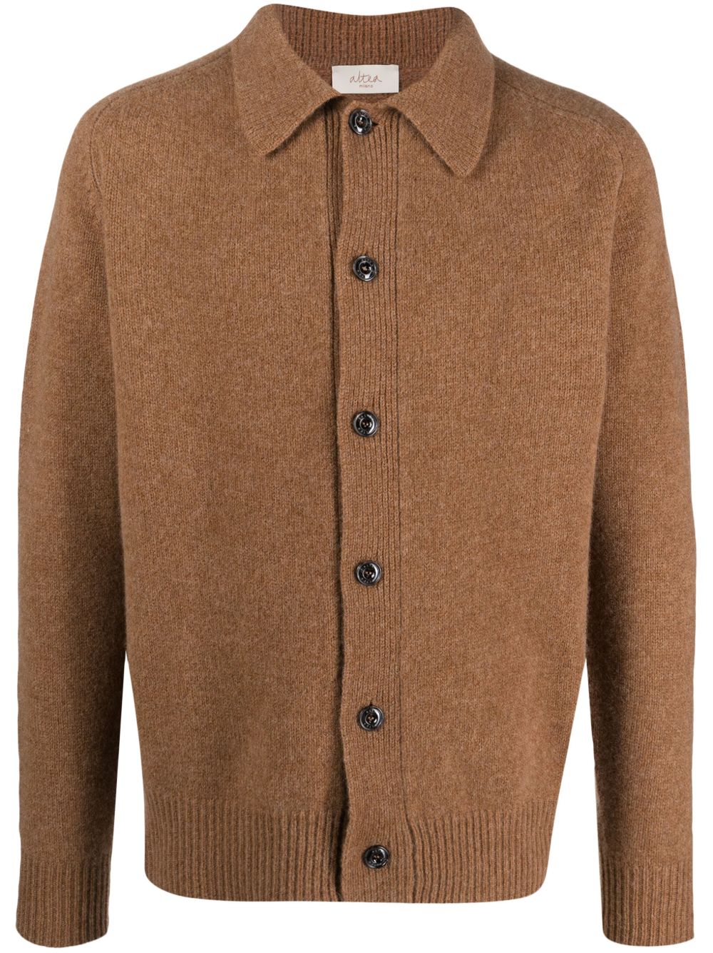 Virgin-wool button-fastening knitted cardigan - Brown