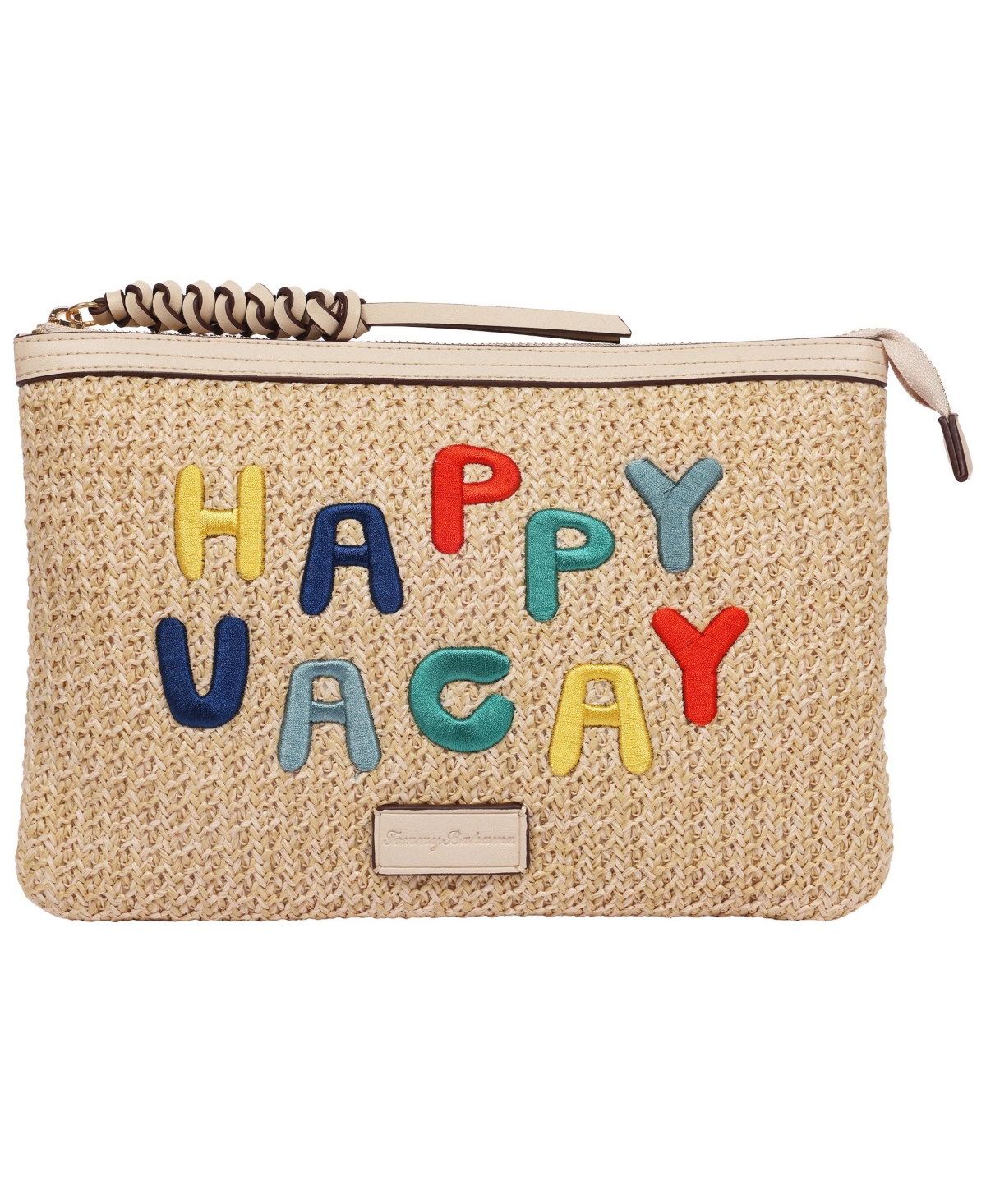 Happy Vacay Raffia Clutch â Woven Straw Zip Pouch with Embroidered Lettering - Cream