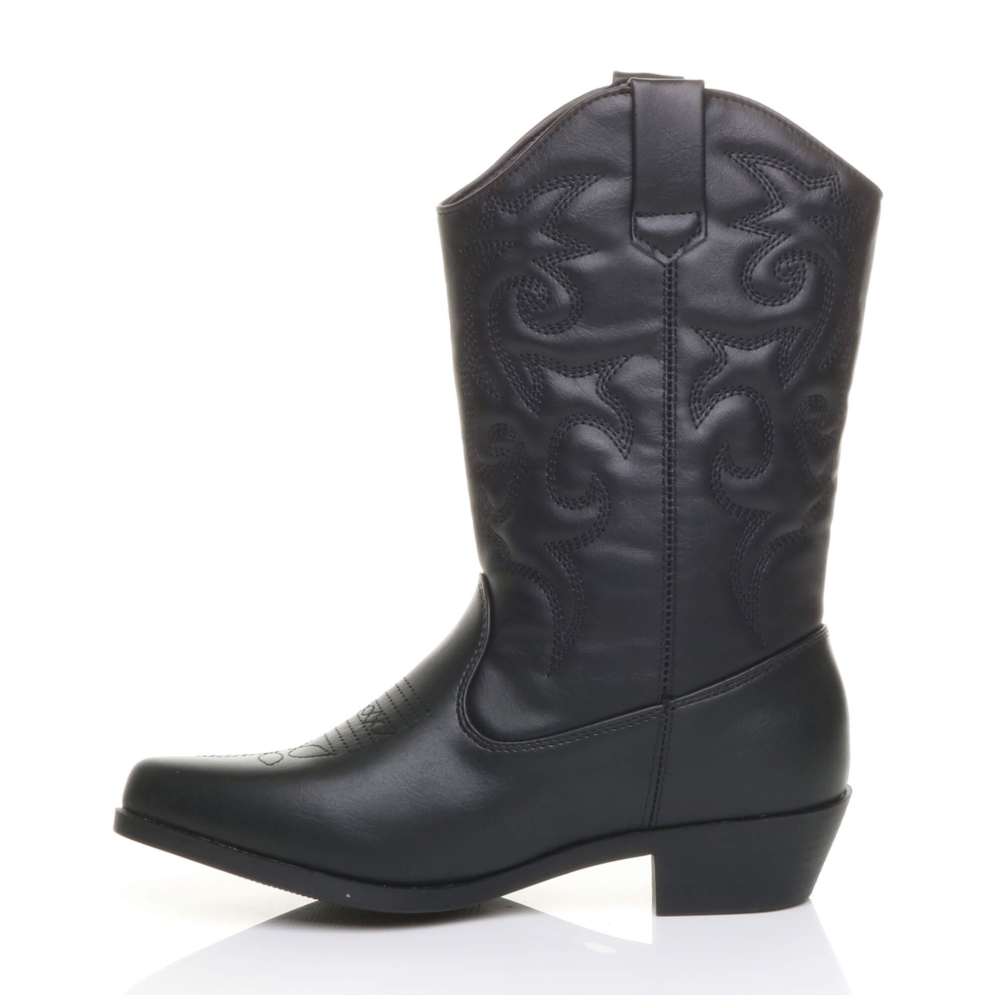 AJVANI Women's Low Cuban Heel Embroidered Cowboy Western Boots in Black