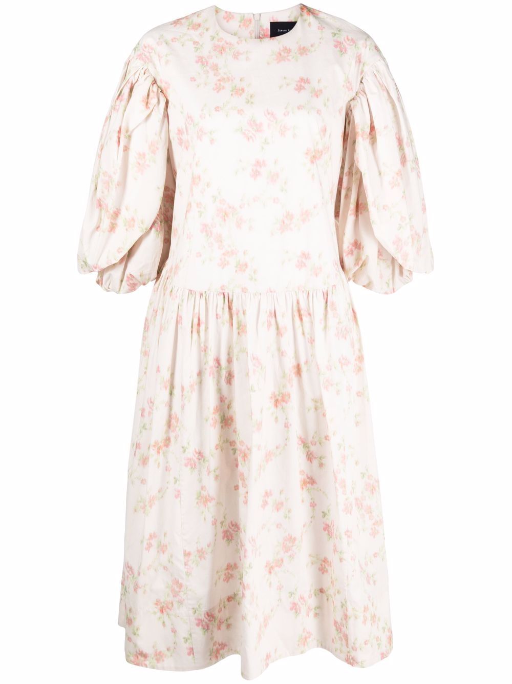 Floral-print puff-sleeve midi dress - Neutrals