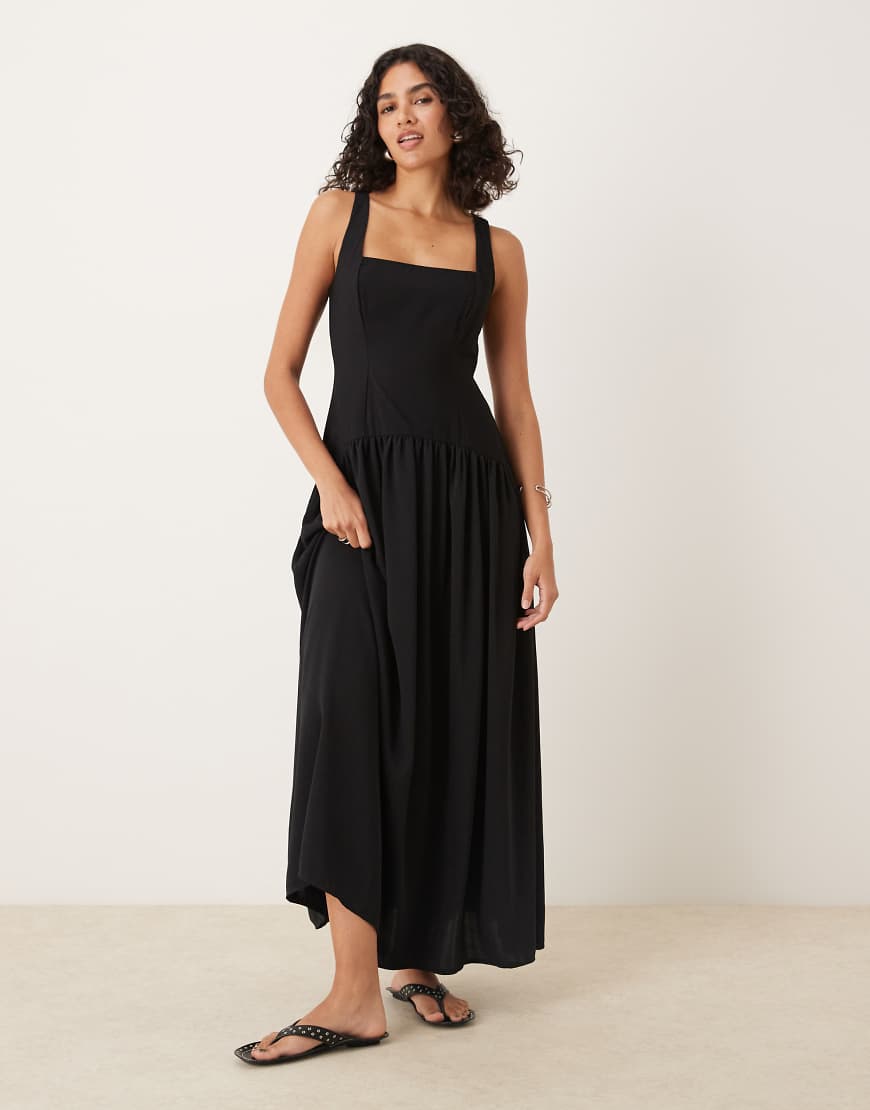 Square neck dropped waist midi dress in black