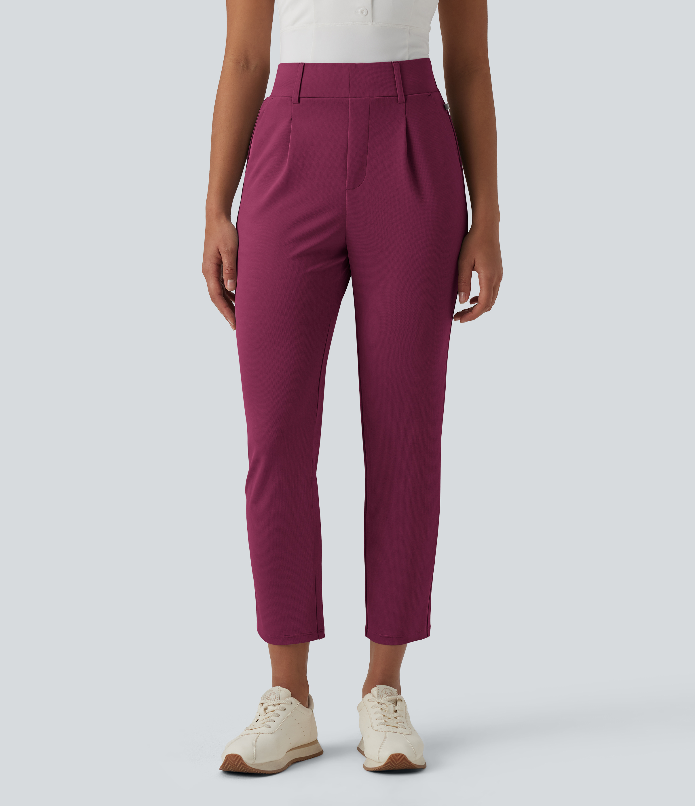High Waisted Tapered Crepe Golf Pants with Pockets  - Beaujolais