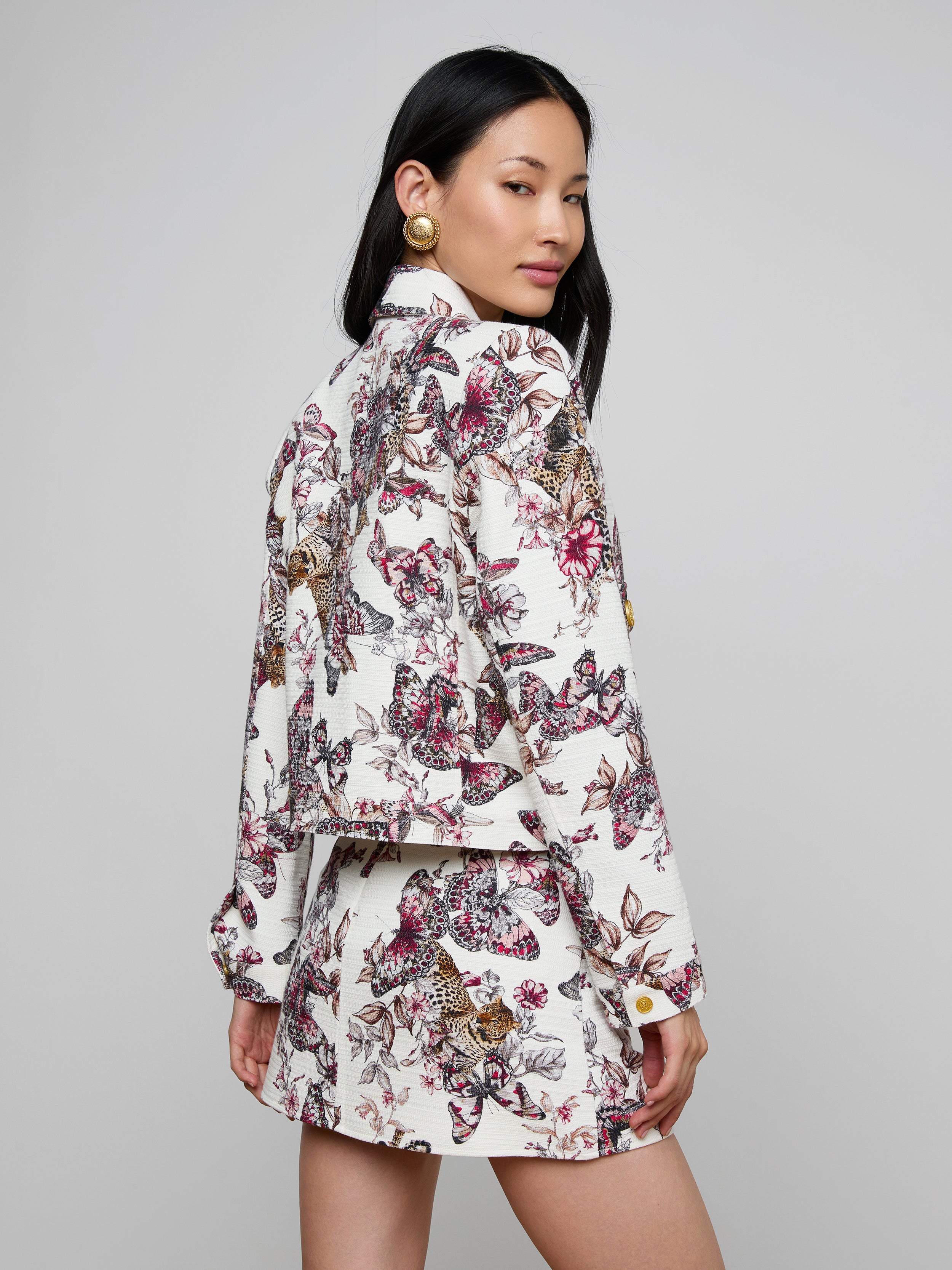 Nyx Cropped Jacket In White Multi Large Butterfly Jungle