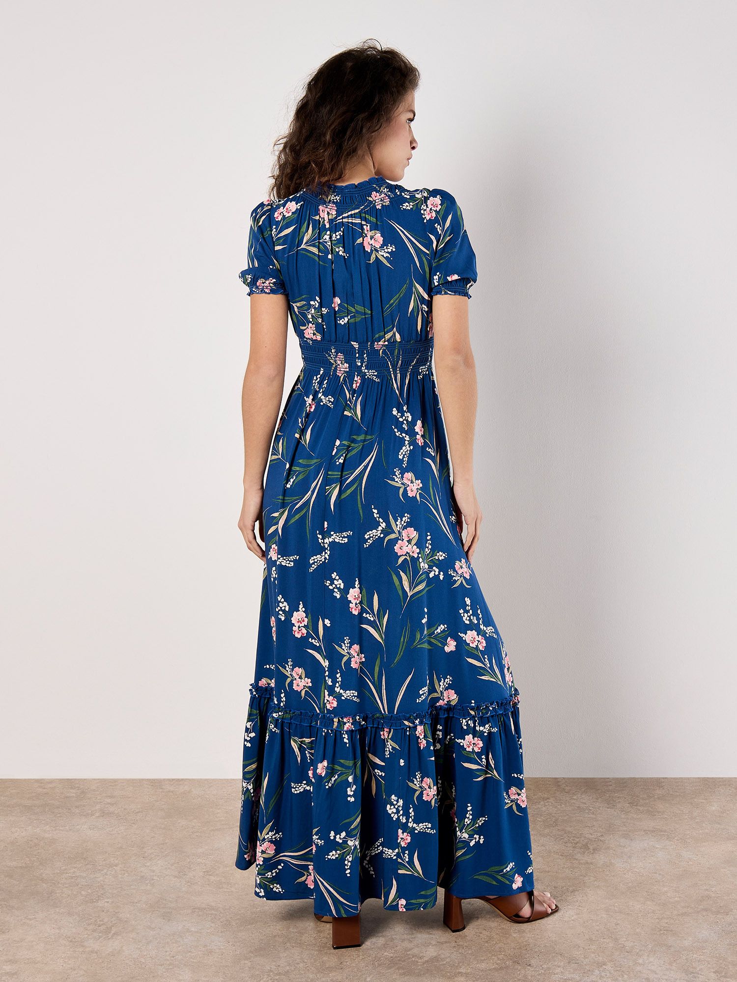 Apricot Watercolour Floral Smocked Maxi Dress In Blue