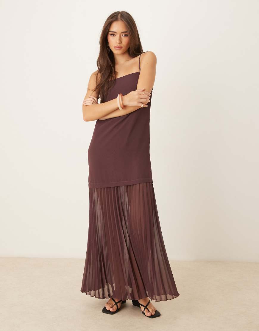 Dropped waist pleated skirt cami midi dress in brown