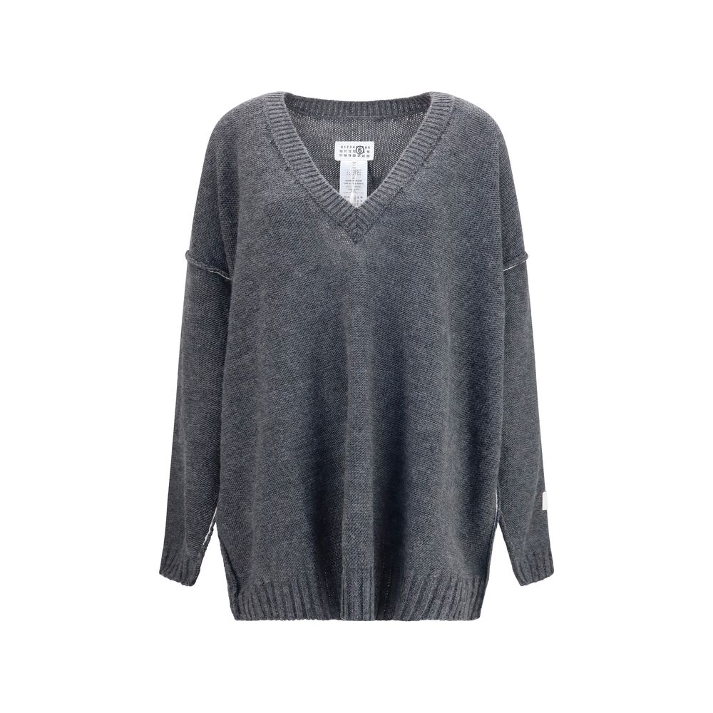 Oversized Wool-Blend V-Neck Sweater — Gray
