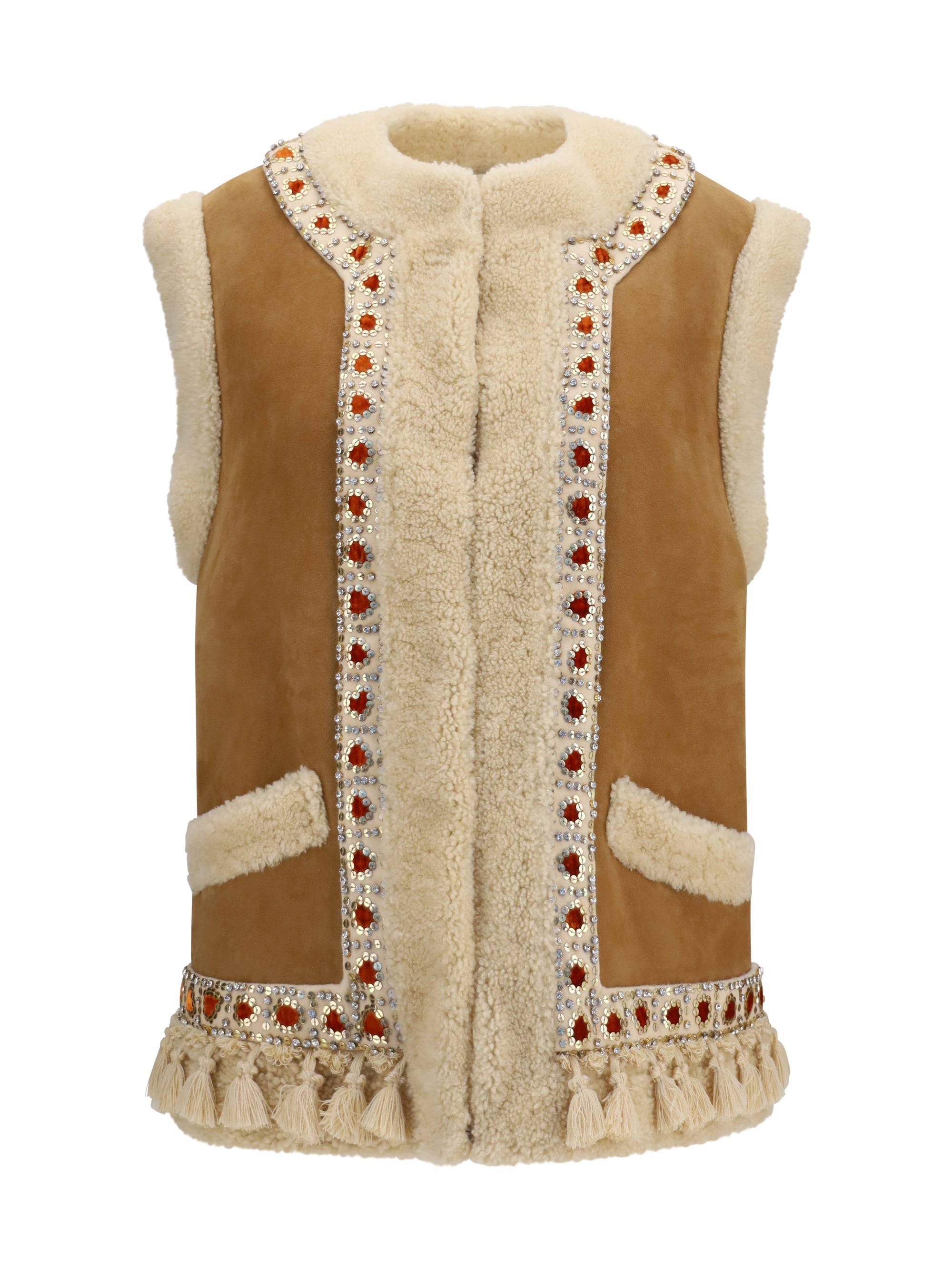 Suede and Lamb Fur Vest — Camel