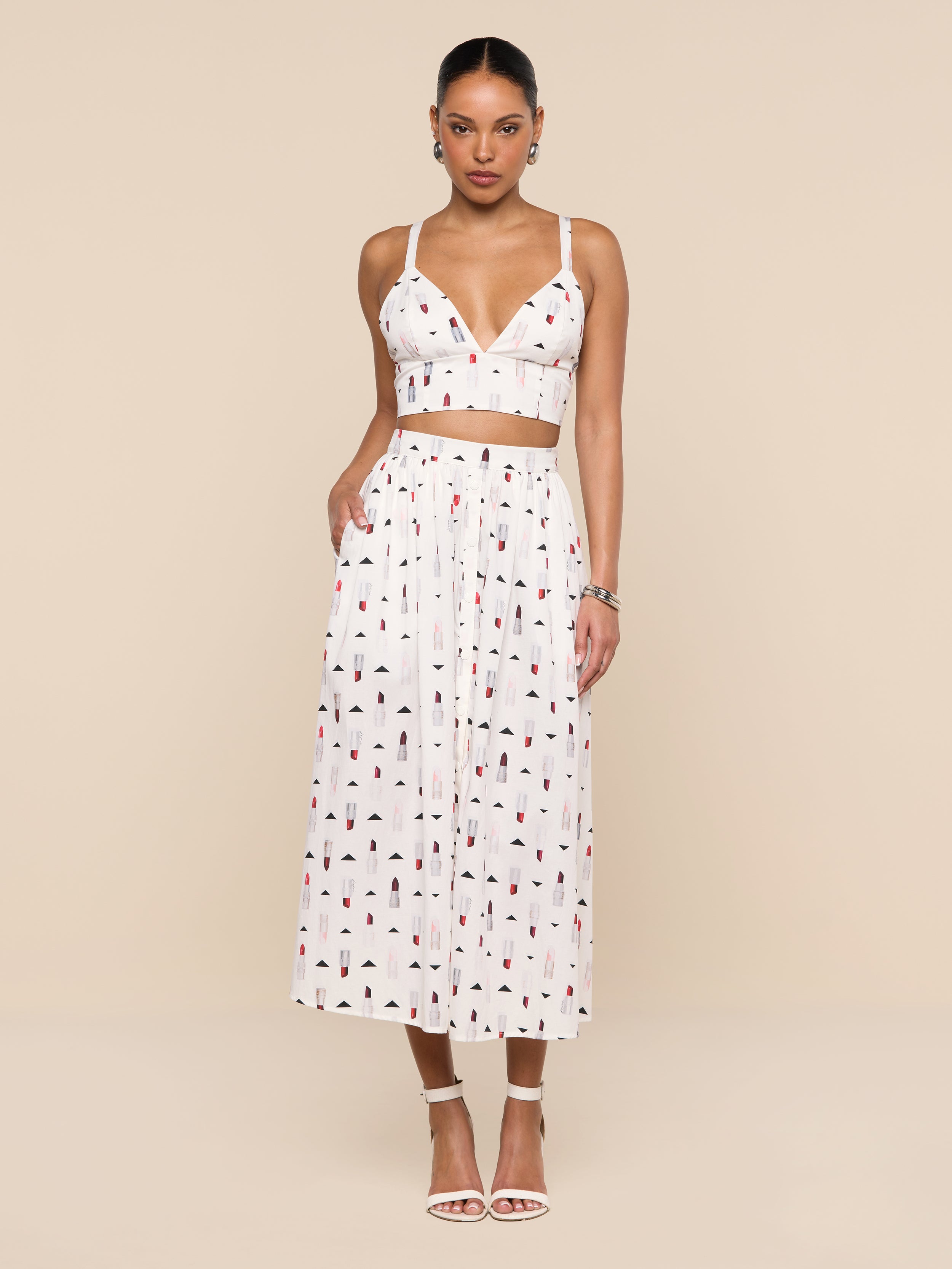 Seina Poplin Midi Skirt In Ivory Multi Lipstick Geo