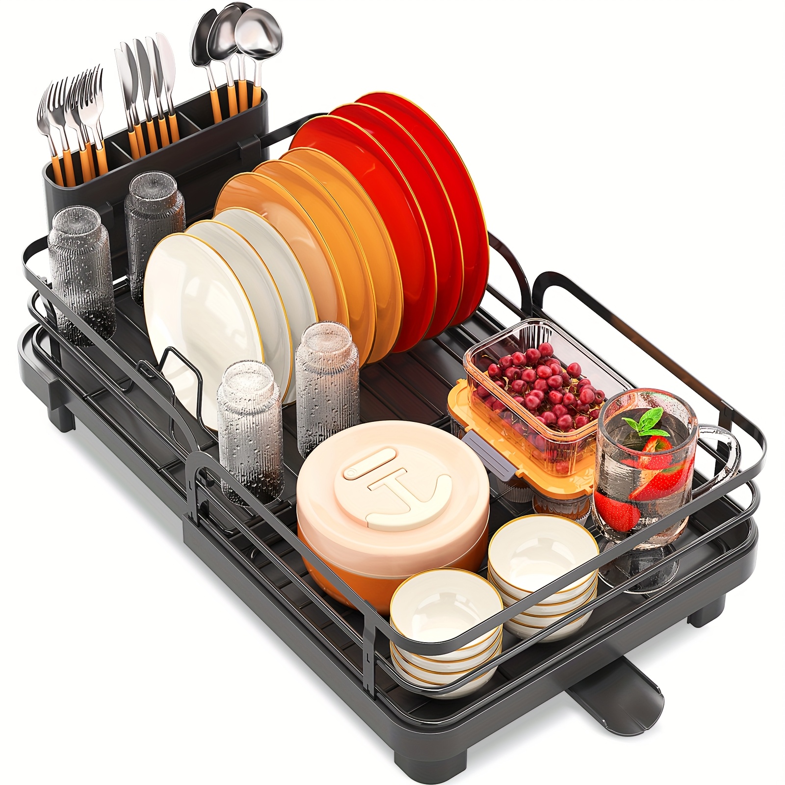 TEMU Kingrack Expandable Dish Drying Rack, Extendable Dish Rack With 360°swivel Spout, Collapsible Dish Dryer Black, Large Dish Drainer For Kitchen