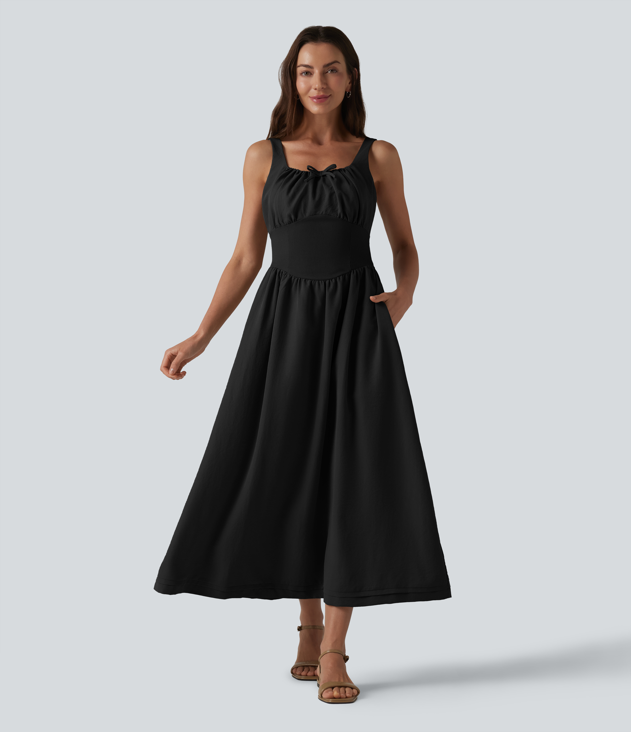 Square Neck Lace Up Corset Midi Casual Dress with Pockets Casual Dress - Black