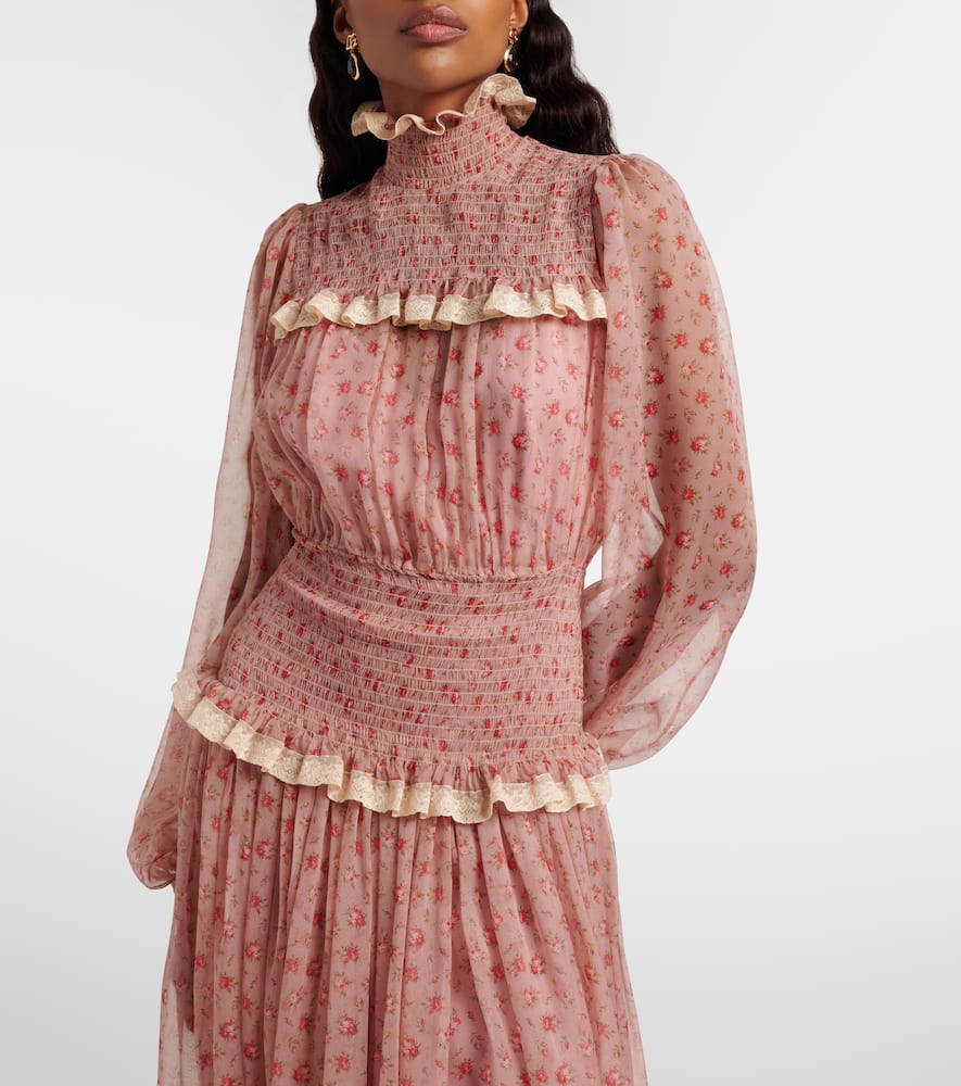 Floral smocked silk and cotton chiffon gown