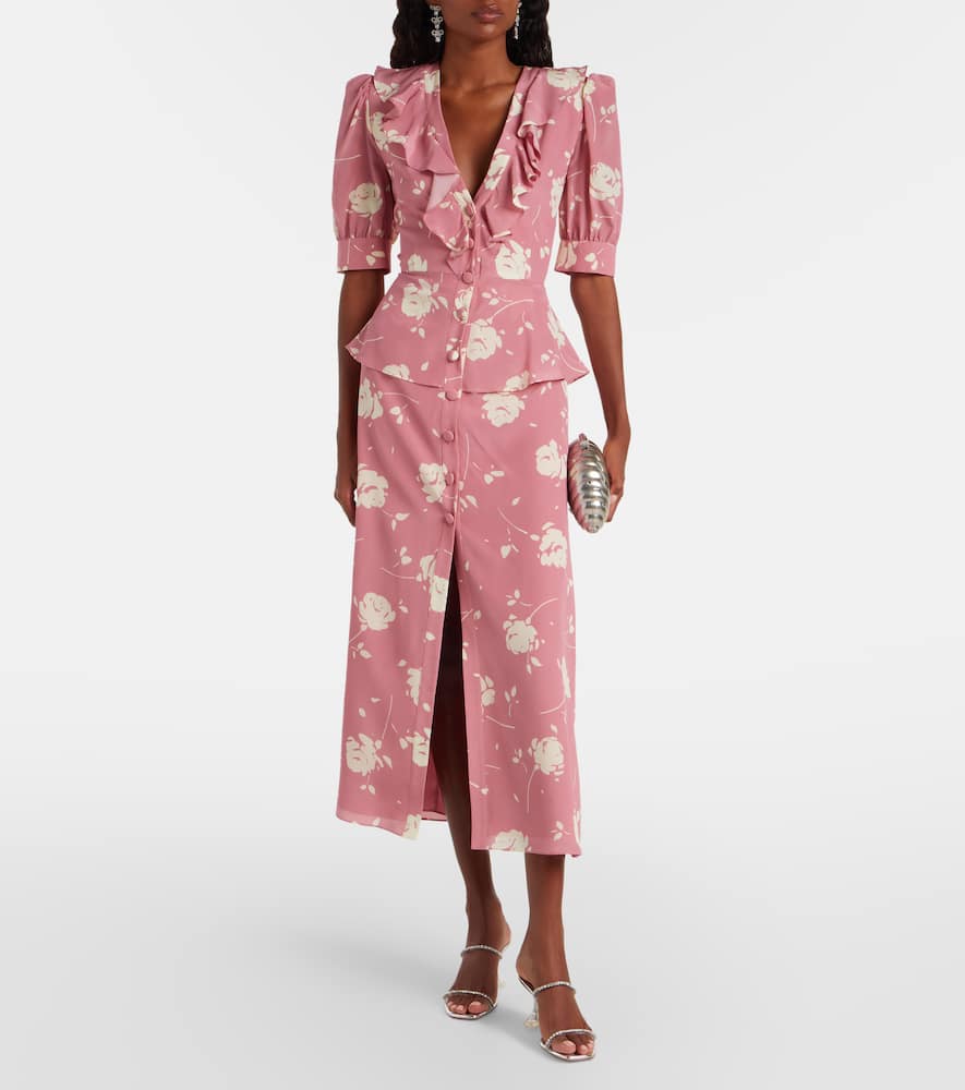Floral ruffled silk midi dress