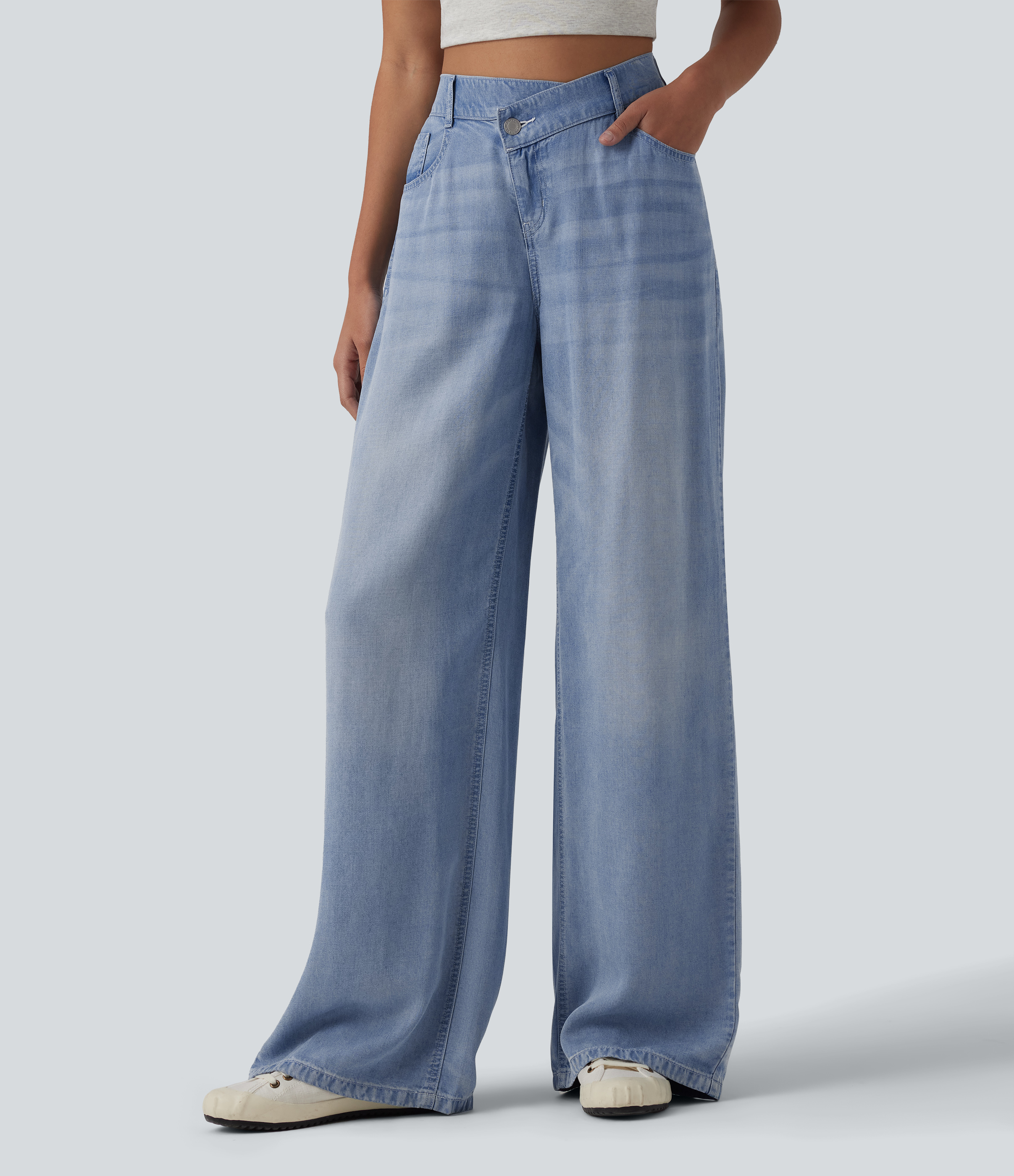 Asymmetric Mid Rise Draped Wide Leg Casual Jeans with Pockets  - Malibu Blue Denim