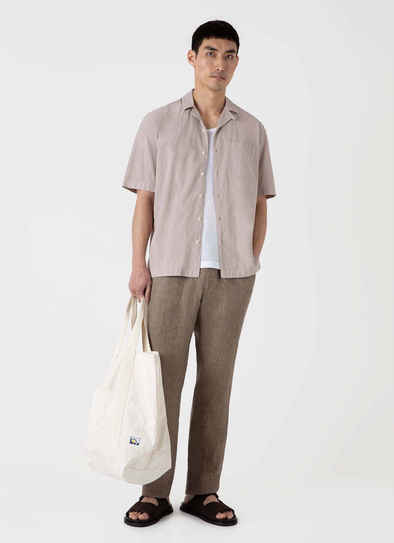 Men's Seersucker Camp Collar Shirt in Light Sand 