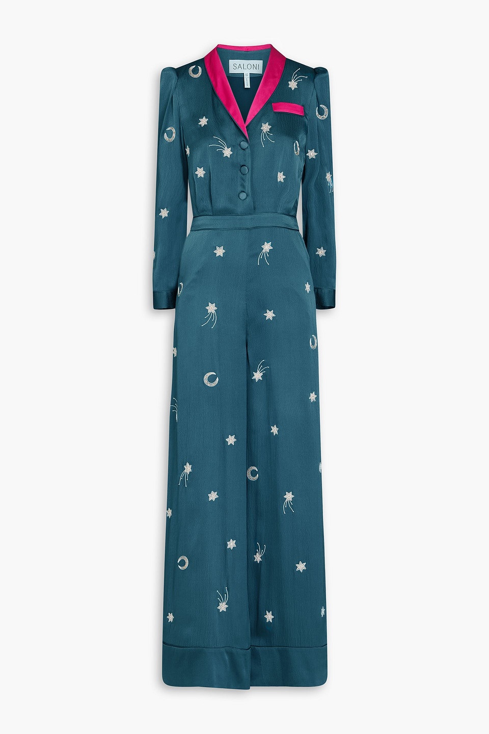 Saloni - Lulu embellished silk-satin jumpsuit - Blue - UK 14