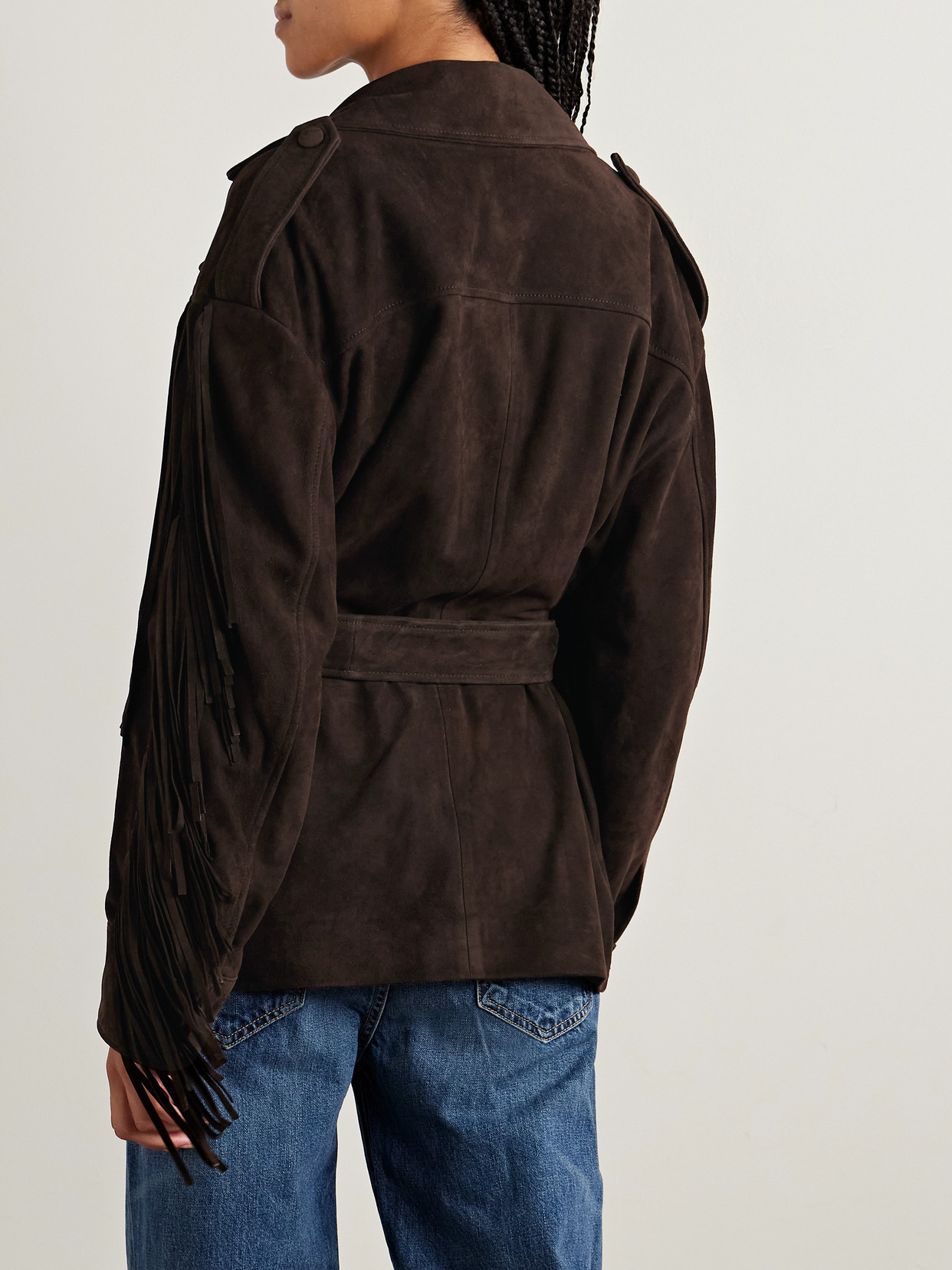 Cassidy Belted Fringed Suede Jacket - Brown