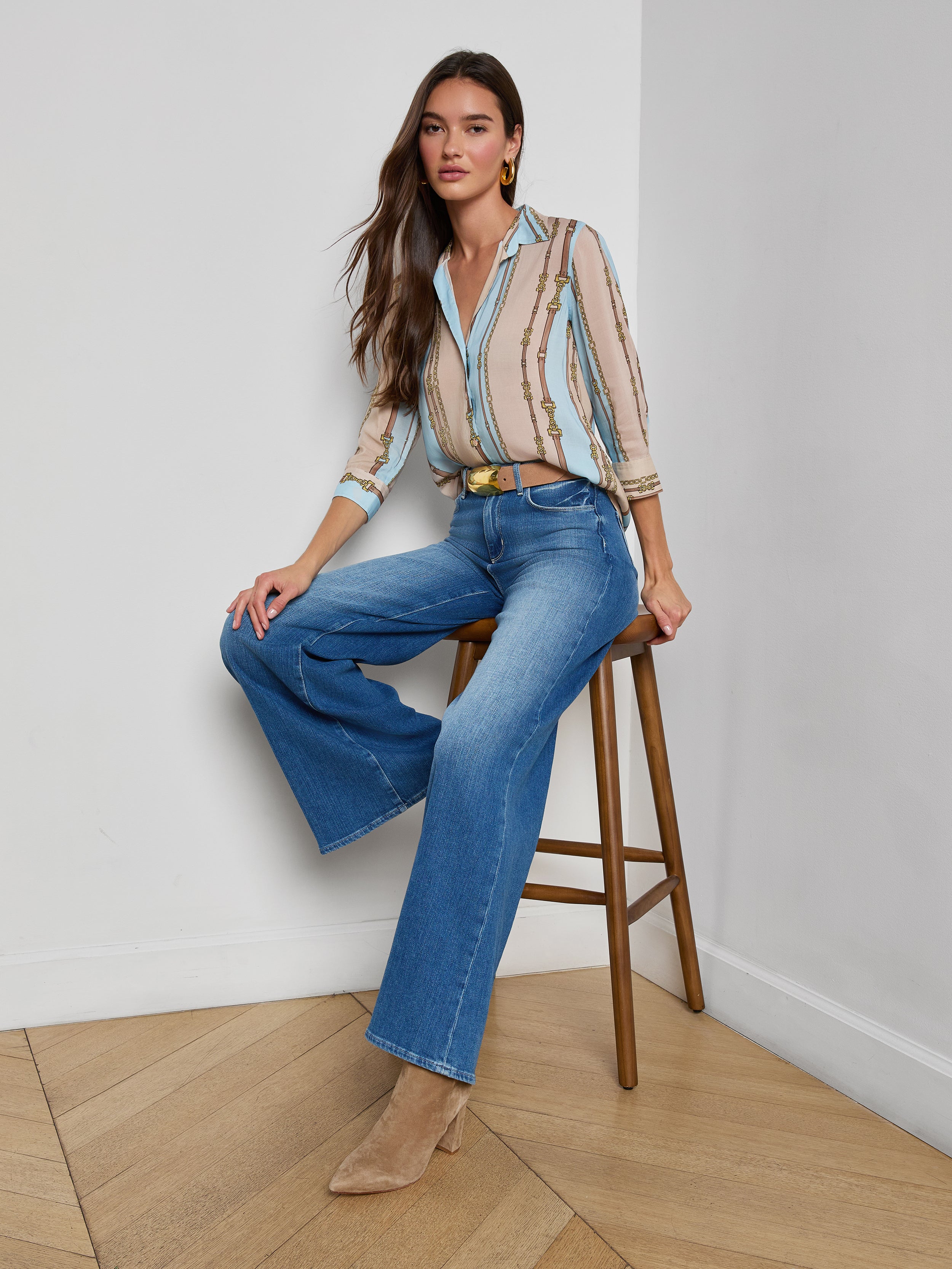 Camille Blouse Top In Taupe/light Sage Belt Stripe