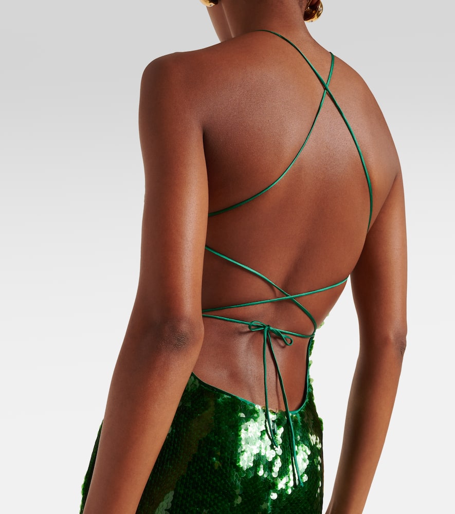 Floral-appliqué sequined halterneck gown