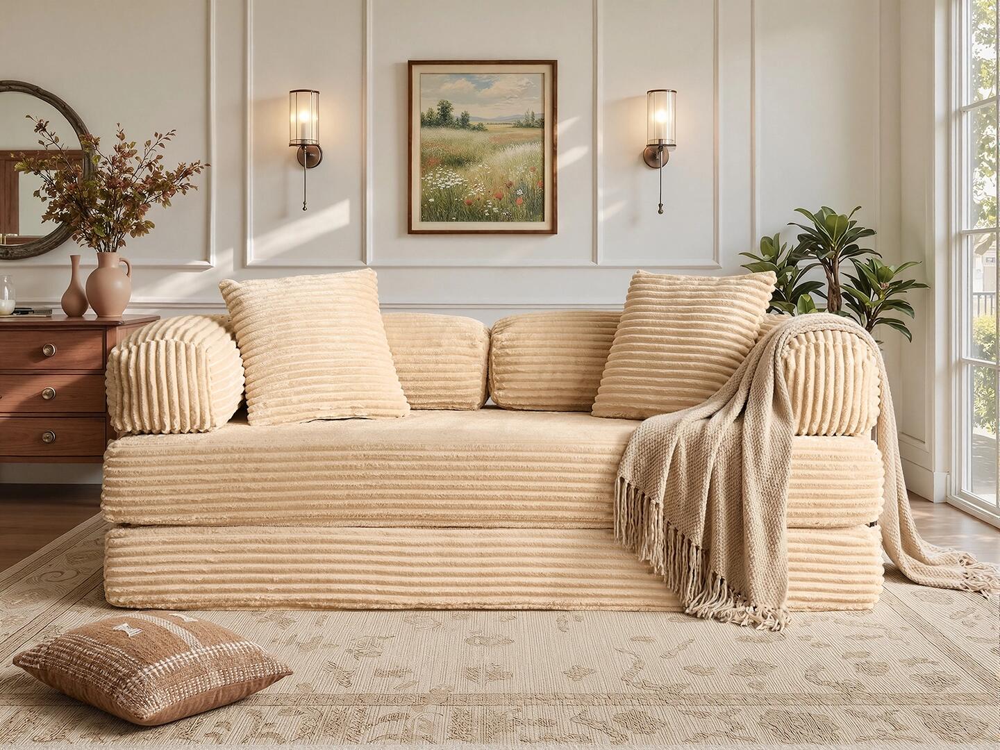 HOMLUX Convertible Full Sleeper Sofa, Beige