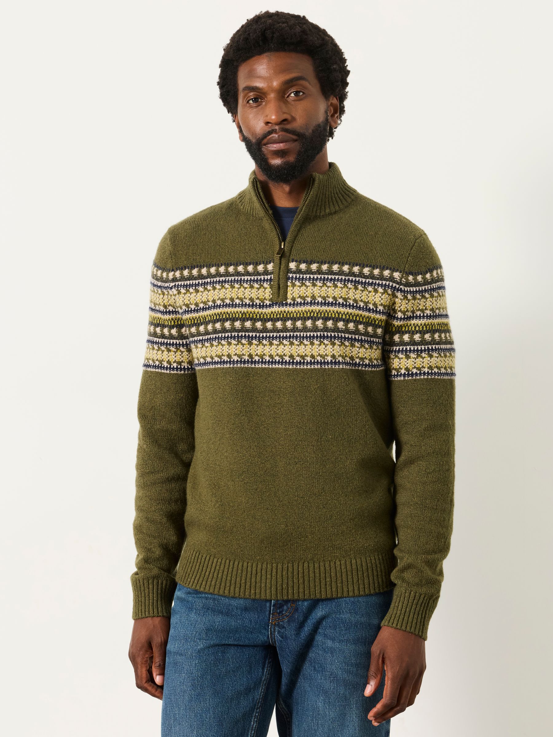 FatFace Selkirk Khaki Green Pattern Quarter Zip Knitted Jumper
