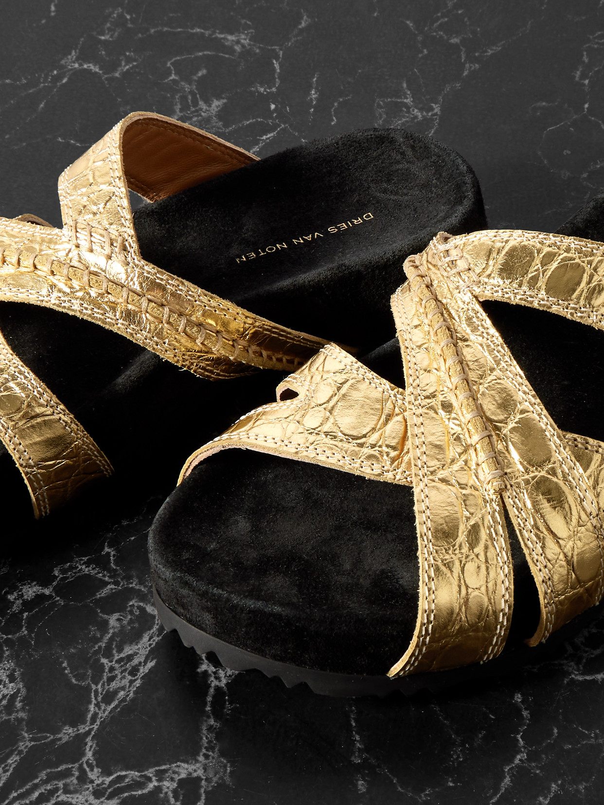 Metallic Croc-effect Leather Sandals - Gold