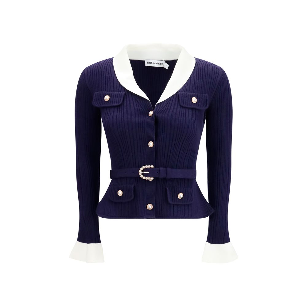 Ribbed Knit with Contrast Collar Cardigan — Navy