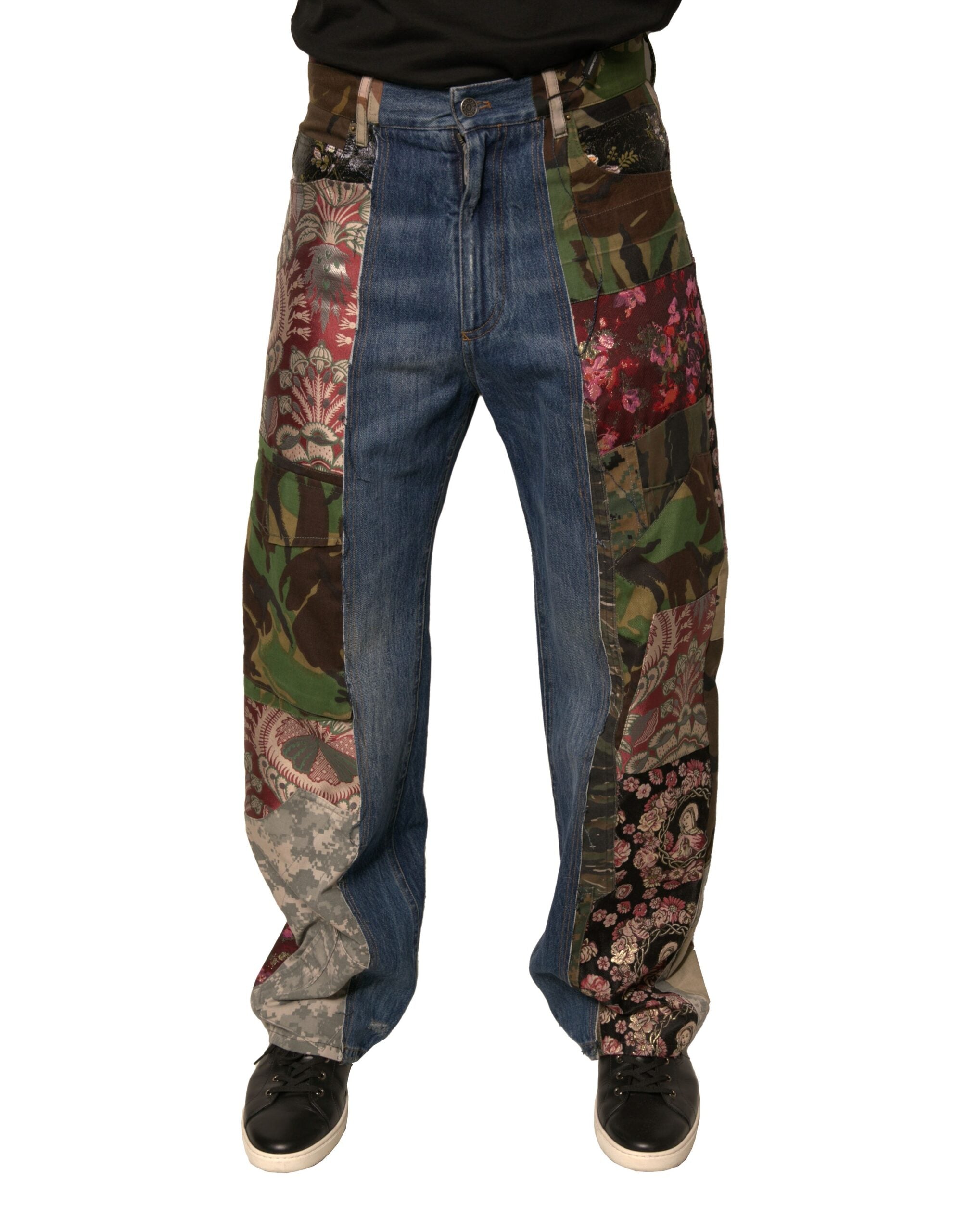 Patchwork Cotton Straight Denim Jeans — Blue