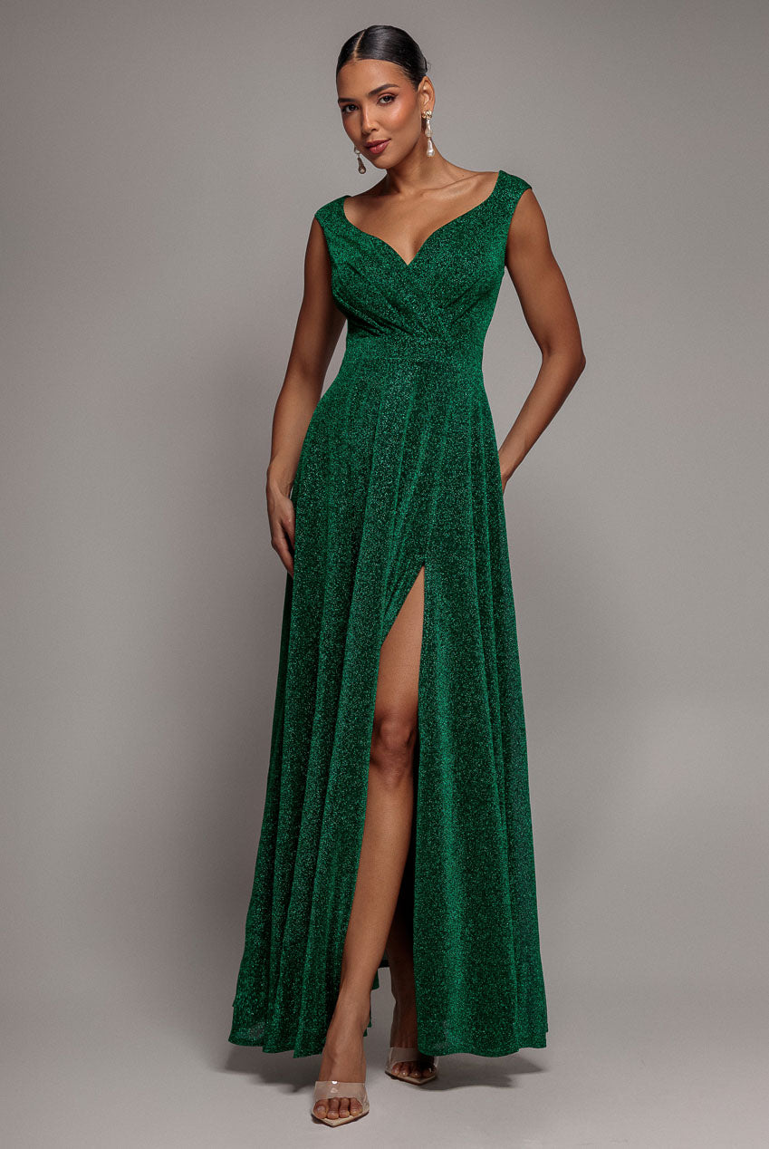 Goddiva Crossover Lurex Glitter Maxi Dress - Emerald