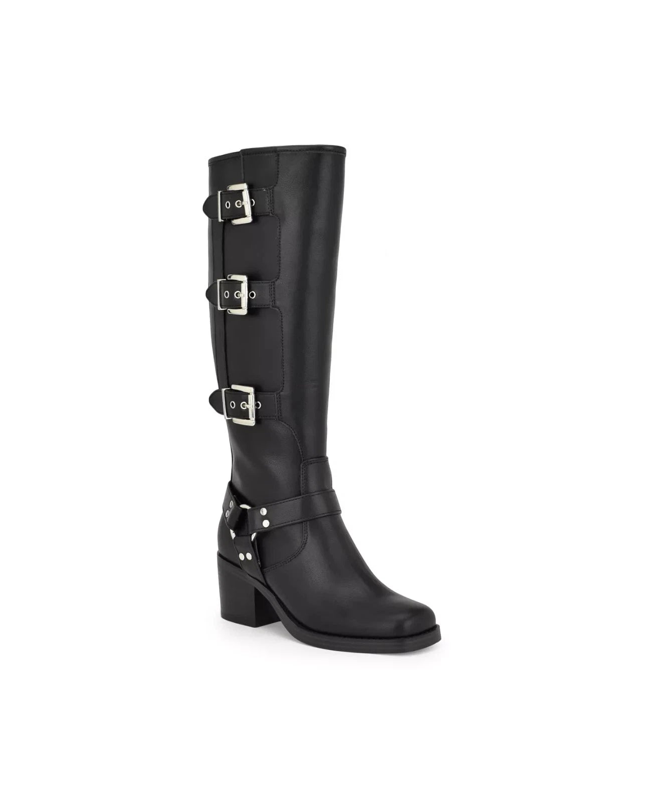 Karry Motorcycle Boots Womens Black Faux Leather Knee High LION293