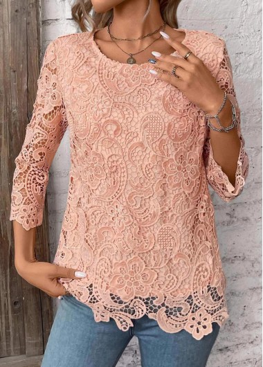Modlily Light Pink Lace 3/4 Sleeve Round Neck T Shirt