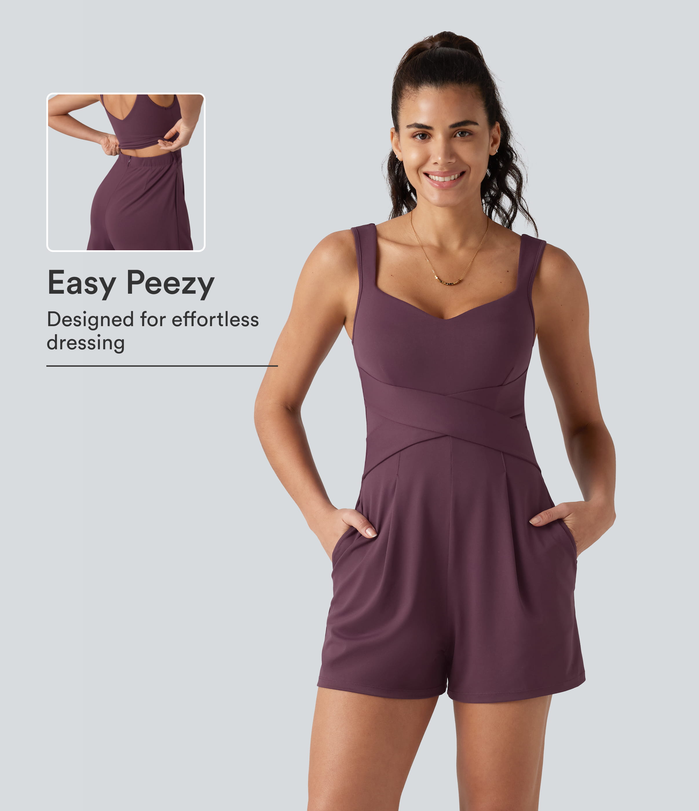 V Neck Built-in Bra Casual Romper with Pockets-Easy Peezy Edition Workout Dress - Plum Wine