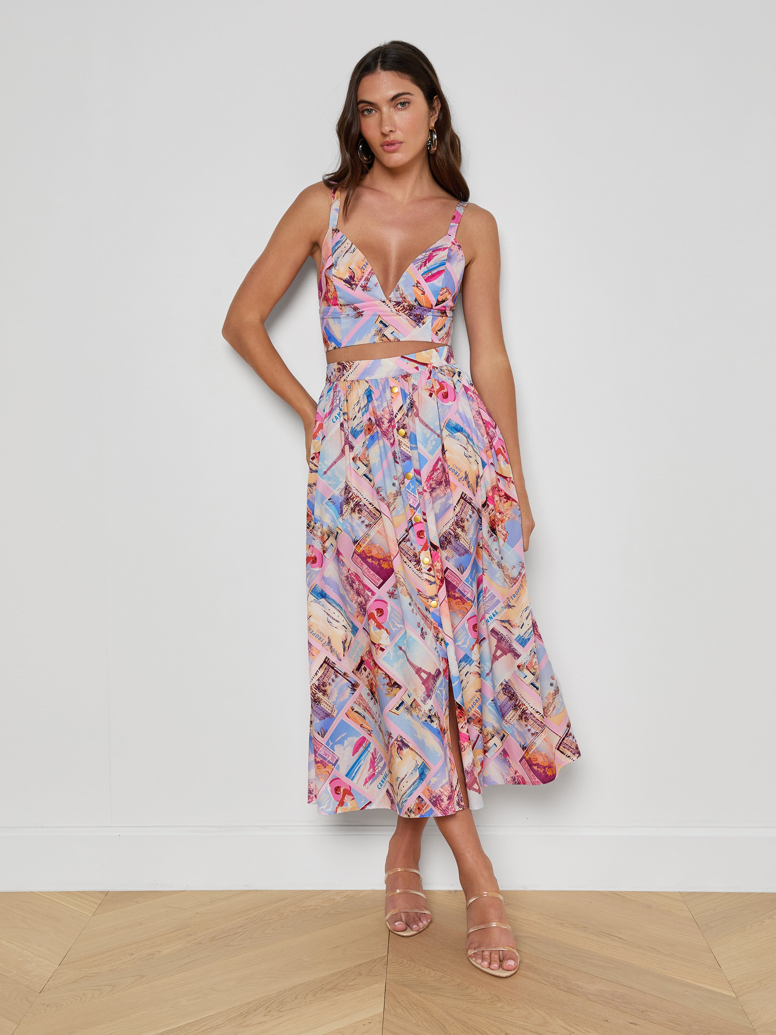 Seina Poplin Midi Skirt In Light Pink Multi Small Postcard Print