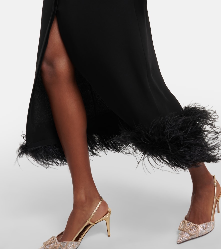 Feather-trimmed silk midi dress