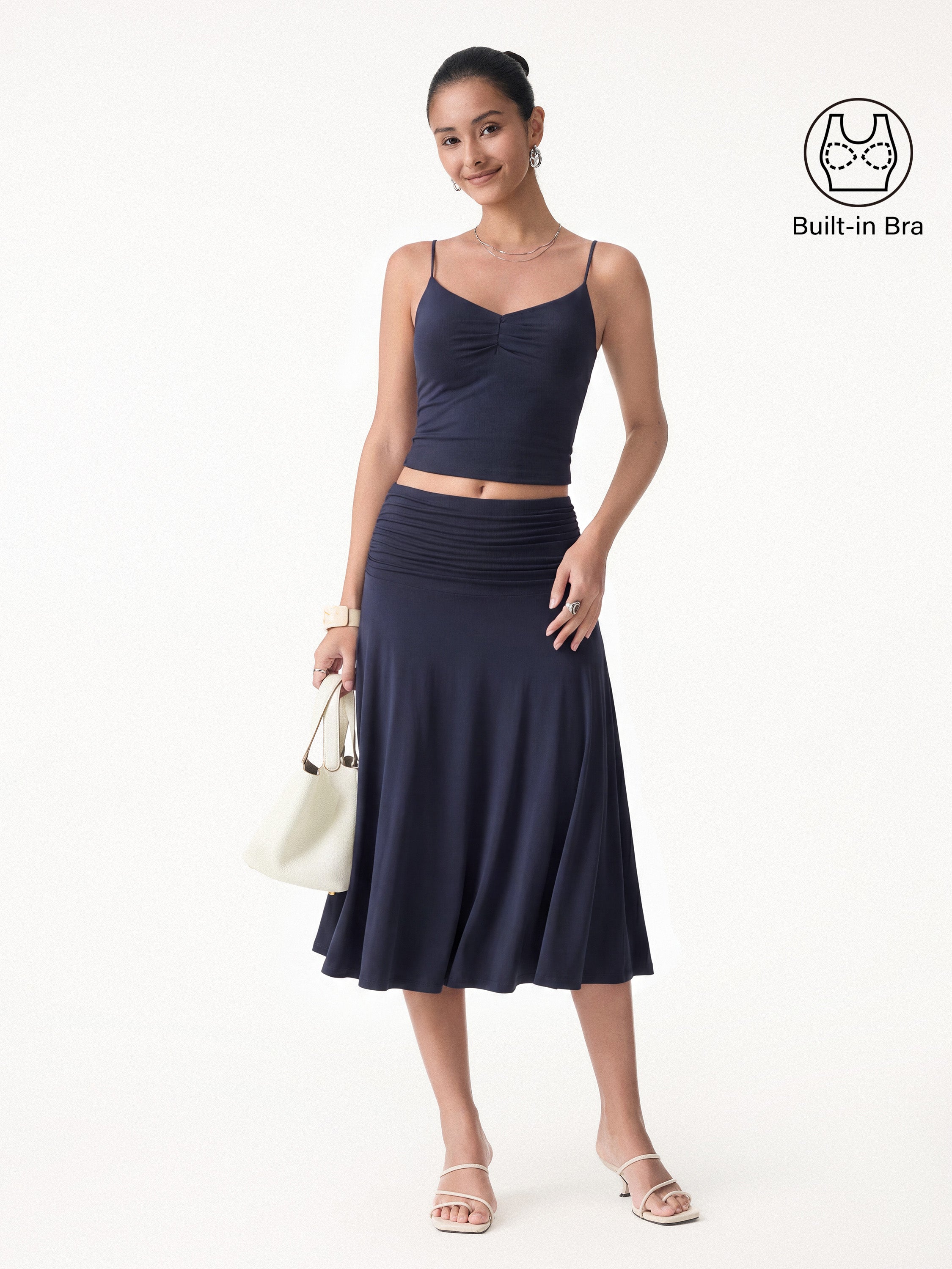 2Pcs Set Front Tucked Spaghetti Brami & A-line Midi Skirt - Midnight Navy / XS