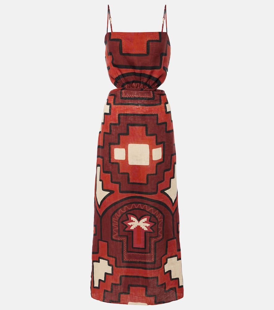 Printed cutout linen midi dress