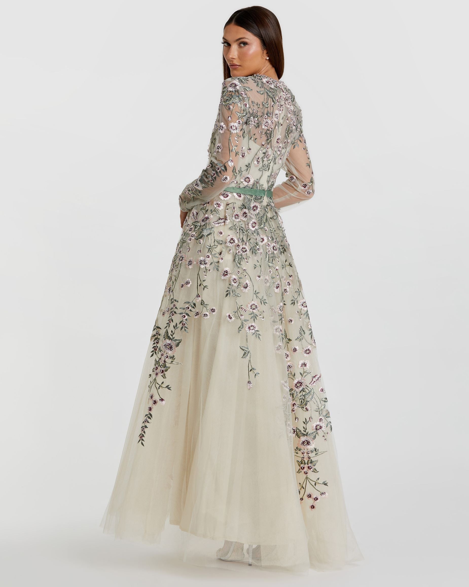 Long Sleeve Floral Embellished Maxi Gown In Sage Green Multi