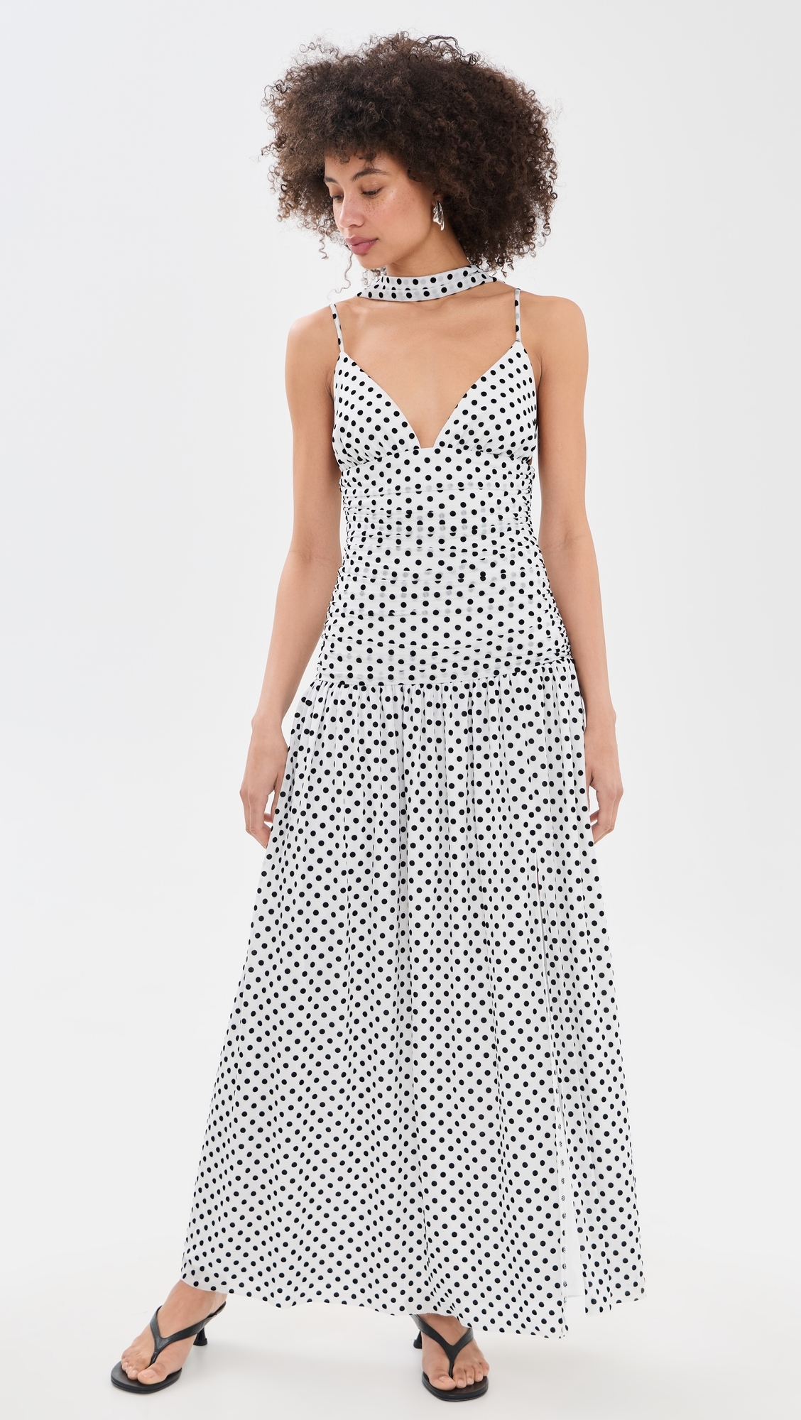 Spot Mesh Maxi Dress with Scarf White/Black
