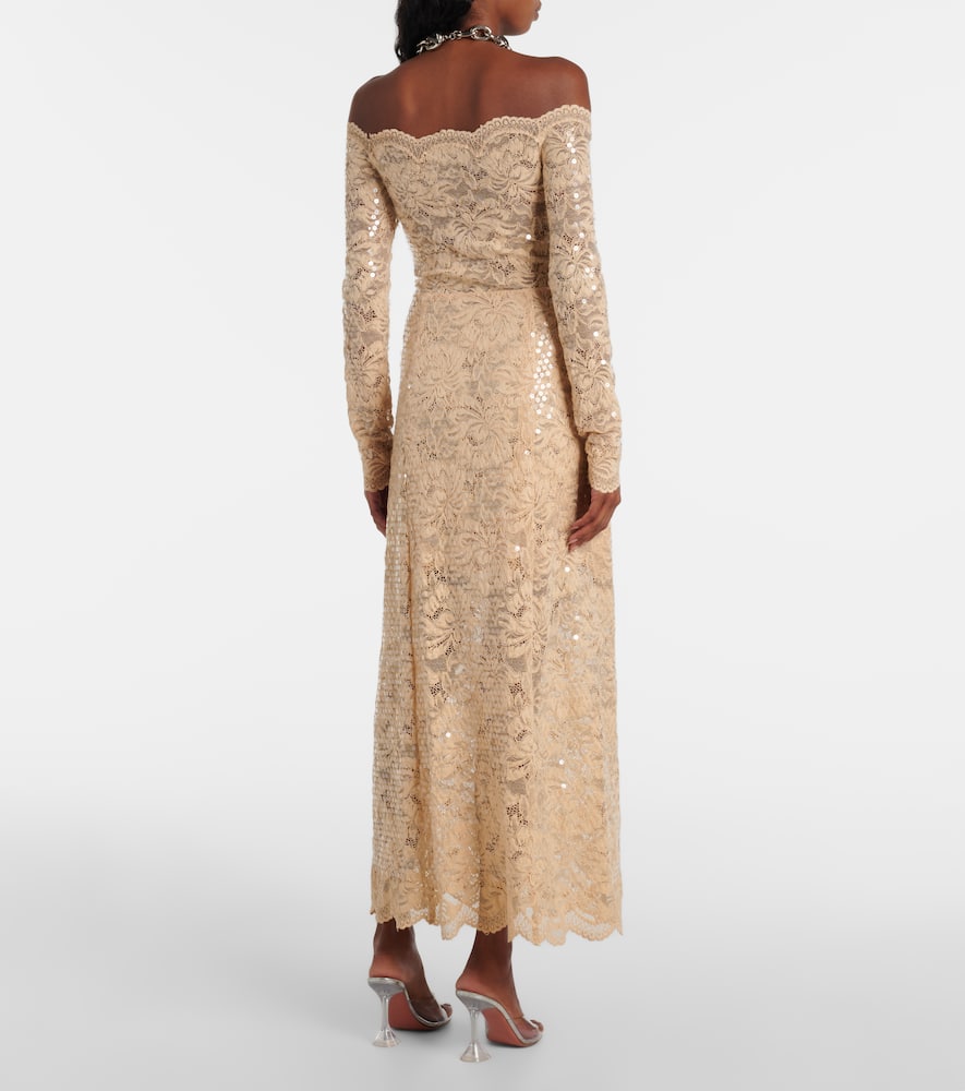 Sequined off-shoulder lace maxi dress