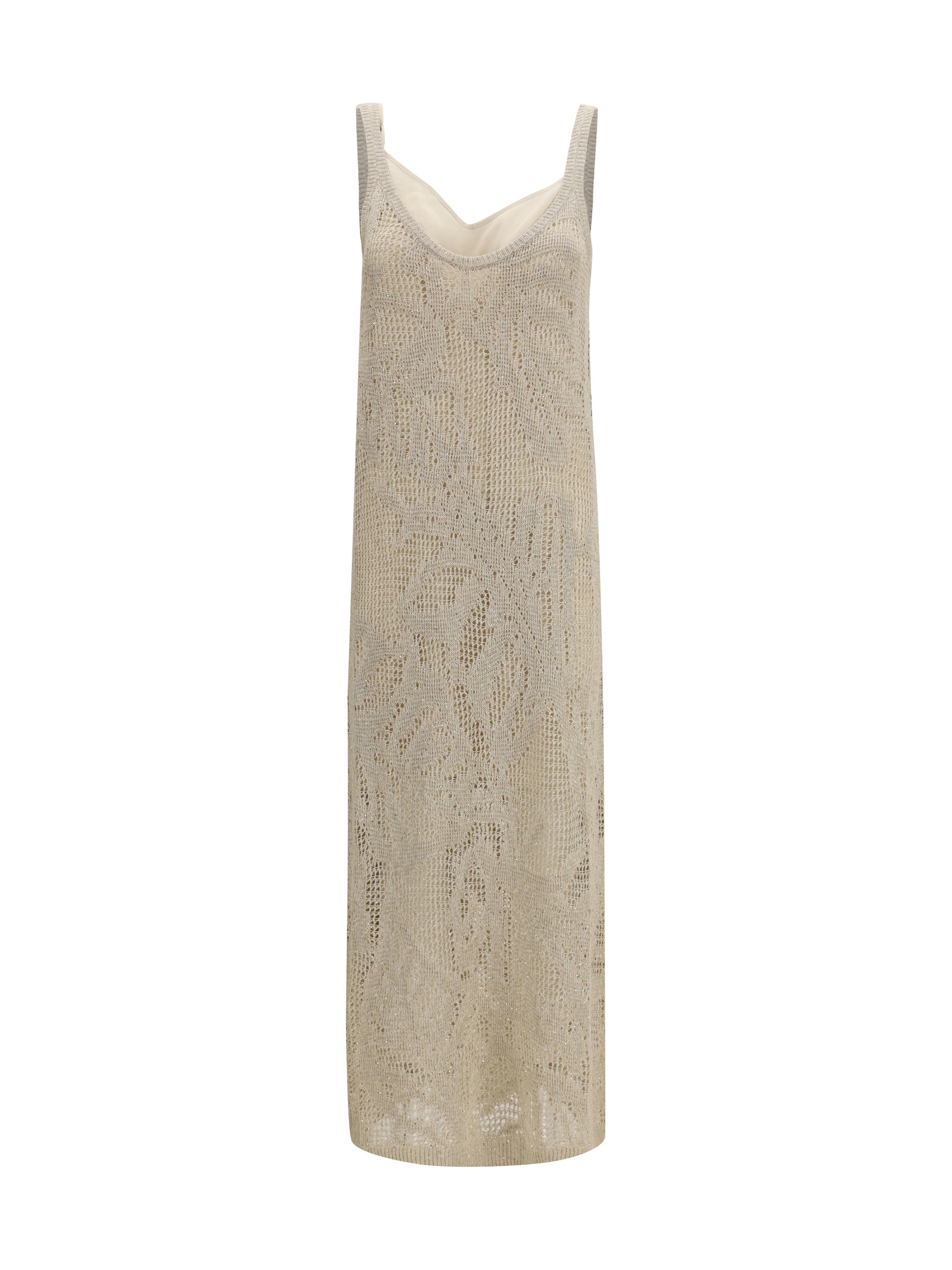 Openwork Floral Linen Cotton Dress — Beige