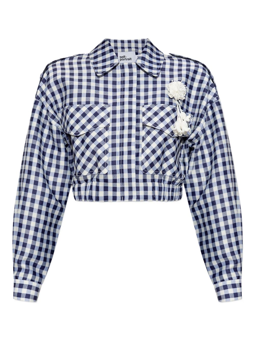 Check-print pom-pom jacket - Blue