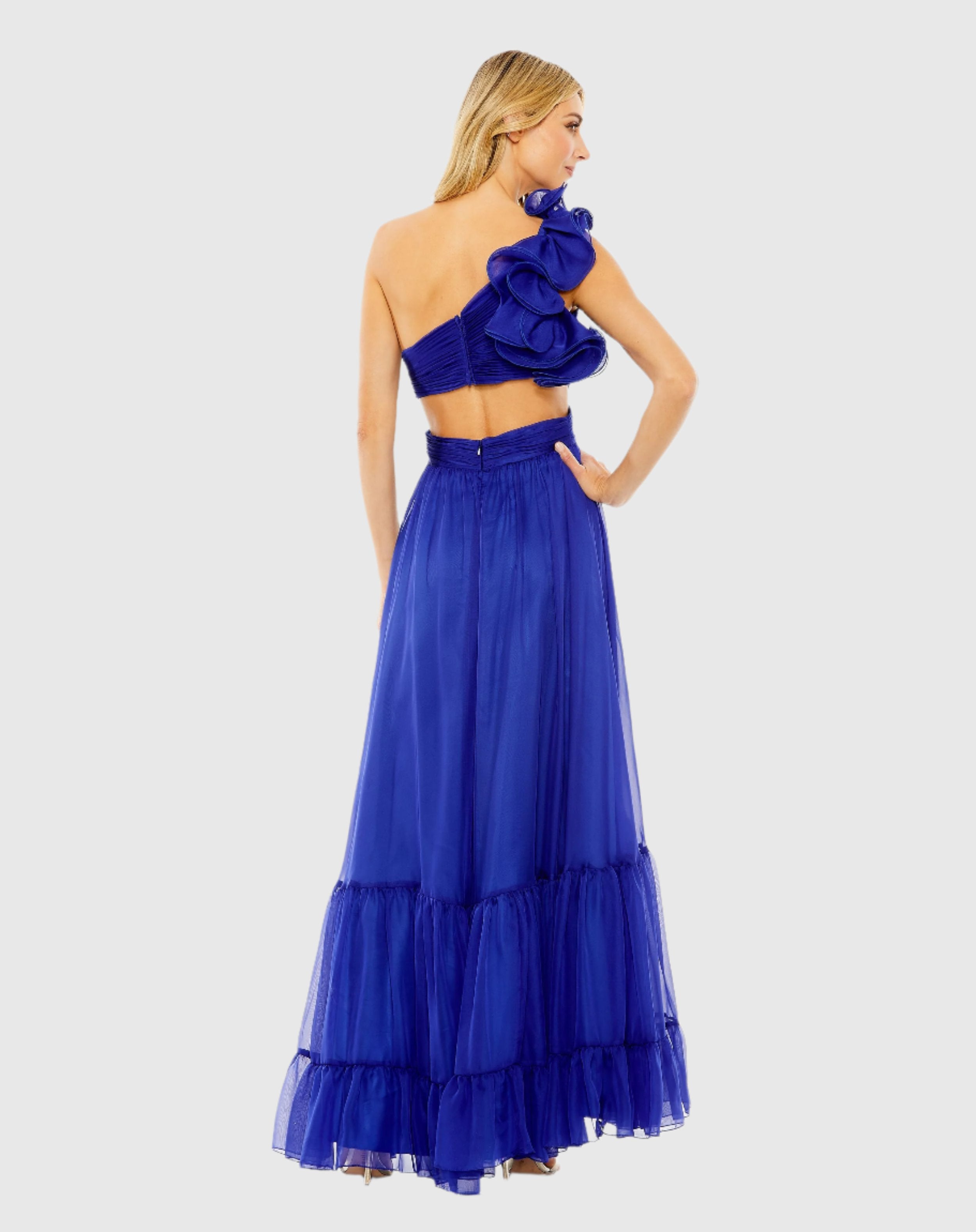 One Shoulder Ruffle Tiered Cut-Out Chiffon Maxi Gown In Blue