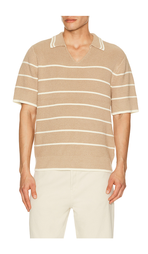Central Park West Bradley French Stripe Short Sleeve Polo in Brown. L. Also in M, S, XL/1X