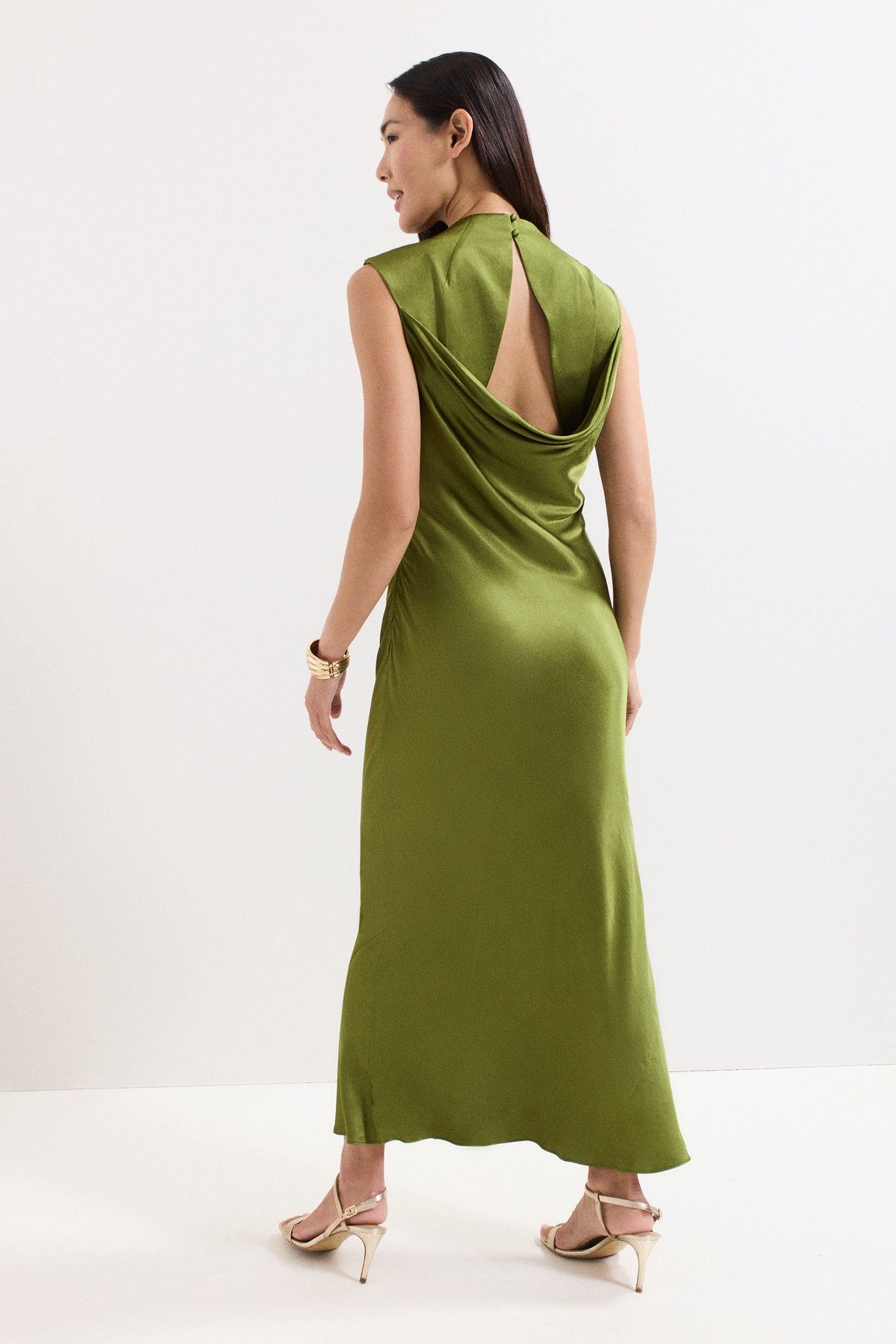 Phase Eight Women's Hallie Green Satin Cowl Neck Midi Dress in Olive