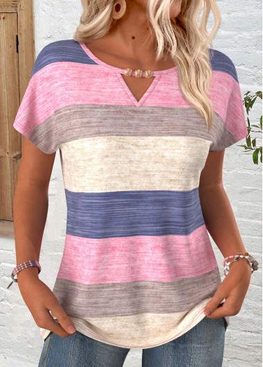 Modlily Multi Color Striped Short Sleeve Round Neck T Shirt