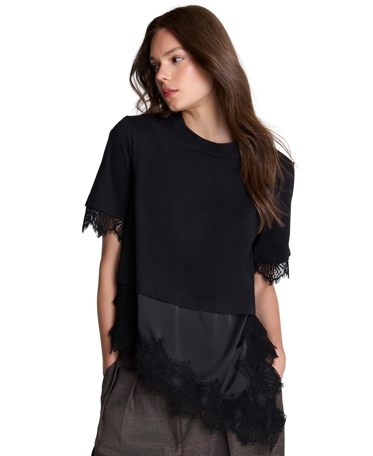 Women's Combo Lace Asymmetrical-Hem T-Shirt - Black