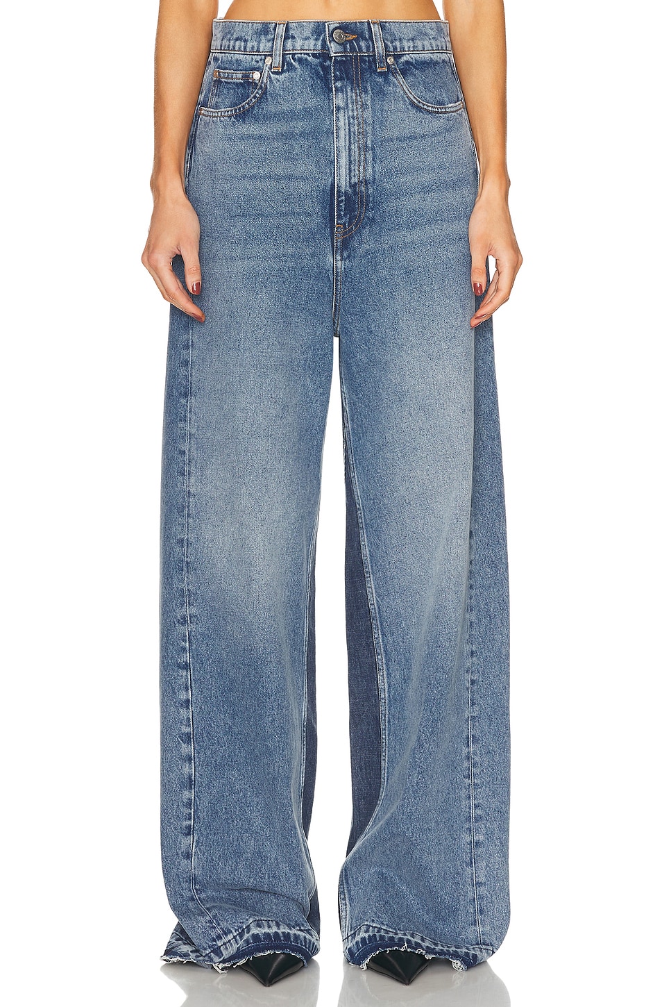 Stella McCartney Paneled Wide Leg Jeans in Two Tonal Denim Wash - Metallic Gold.  30 also in 24