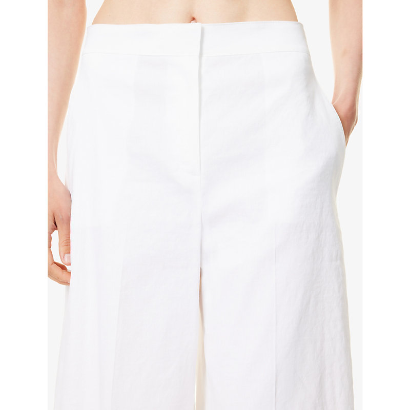Womens White Crosshatch-weave Wide-leg Mid-rise Linen-blend Trousers