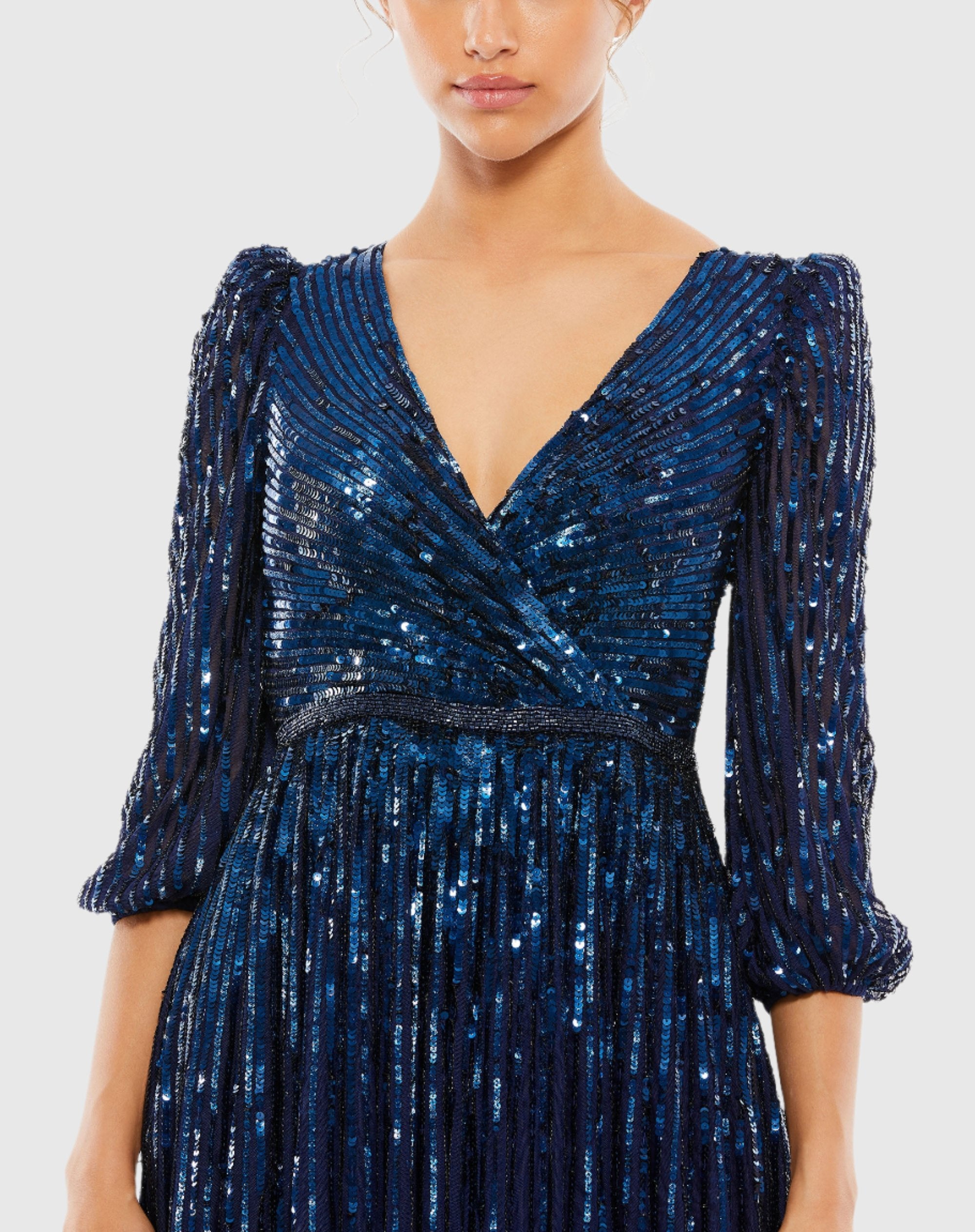 Sequined Wrap Over 3/4 Sleeve Maxi Gown In Black